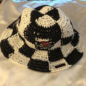 Ed Hardy Black & White Checkered Woven Straw Love Kills Slowly Bucket Hat OS NWT